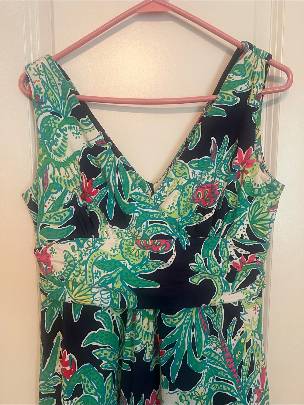 Lilly Pulitzer Navy Maxi Dress with Green & Pink Floral Print EUC